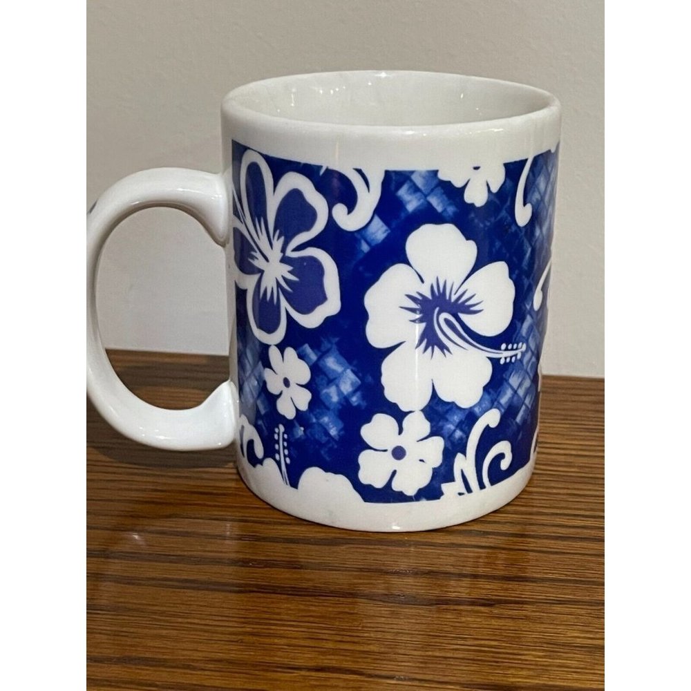 Blue Hibiscus Palm Leaves Collectible Cup Mug Designed in Hawaii Souvenir inside